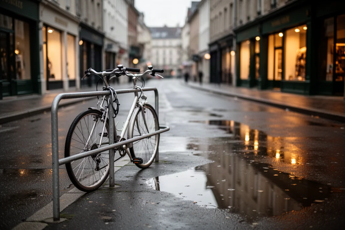 Bicycle locked to a steel railing on a wet city street at dusk