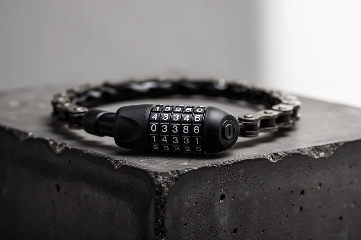 Close-up of a combination dial housing on a bicycle chain lock