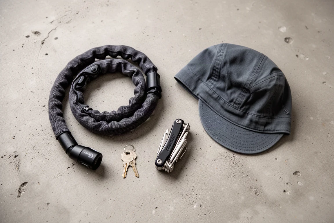 Overhead flat lay of a coiled chain lock, key, multitool and cycling cap