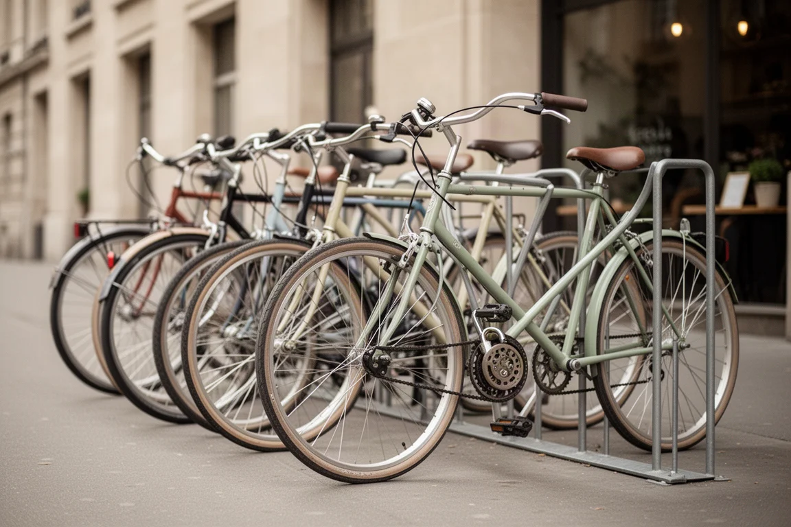 Row of bicycles parked at a metal rack outside a city cafe