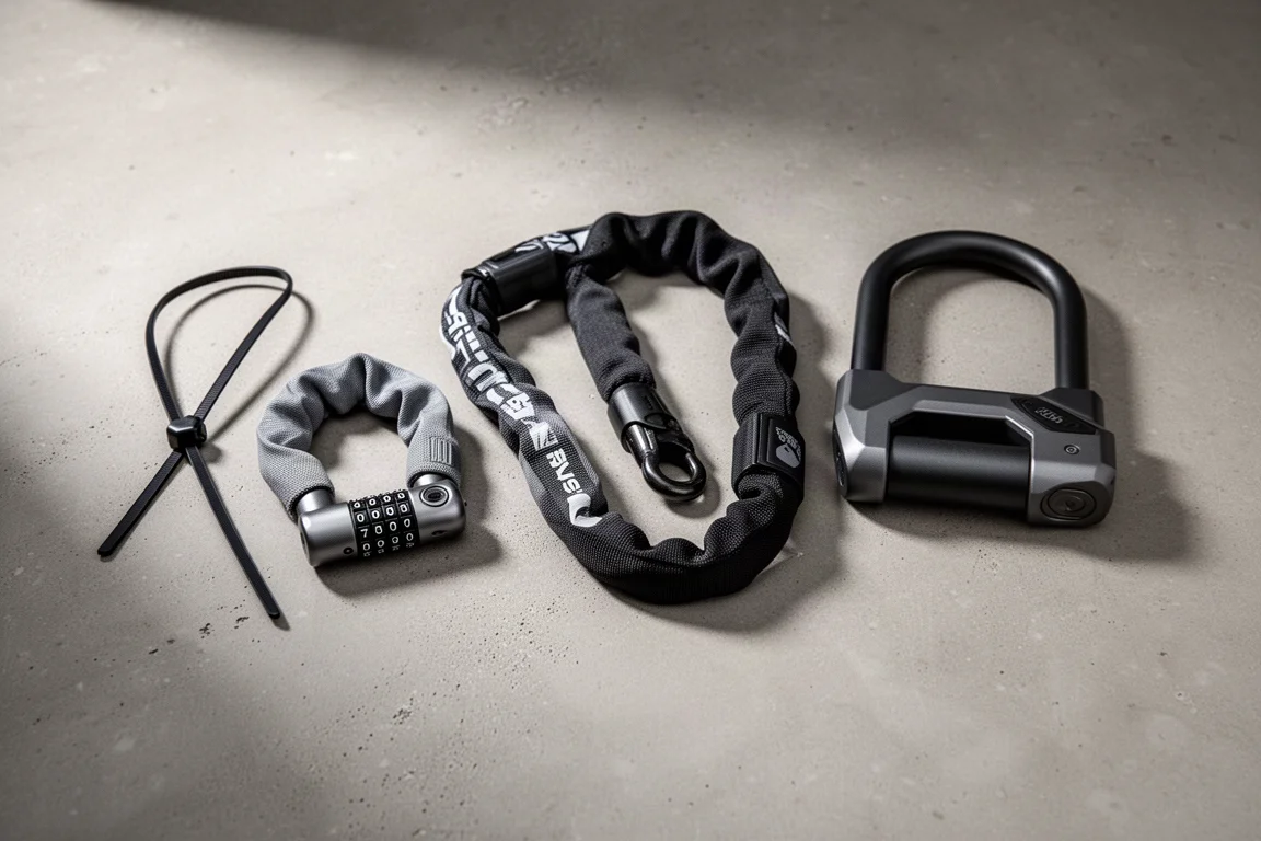 Five different bicycle locks arranged in a row on a concrete surface