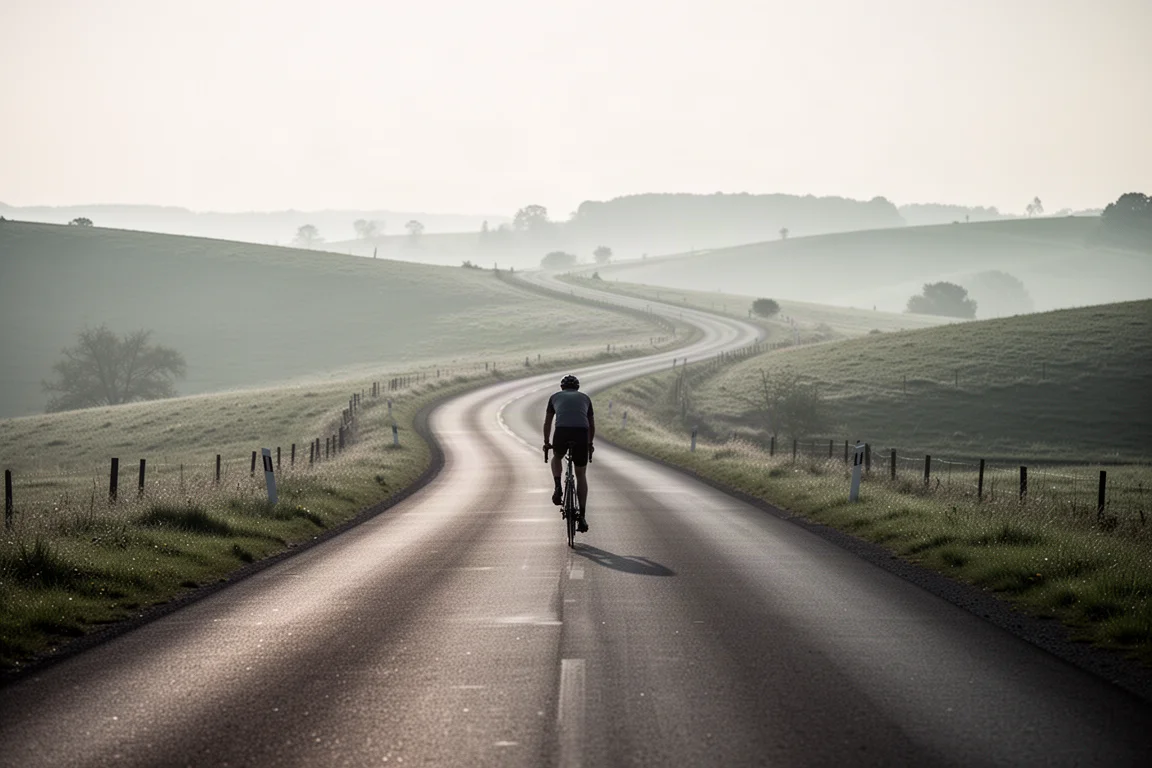 Cyclist riding away down an open country road in soft morning light