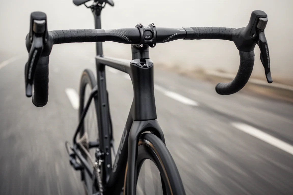 Low-angle close-up of an aero road bike front end with deep head tube