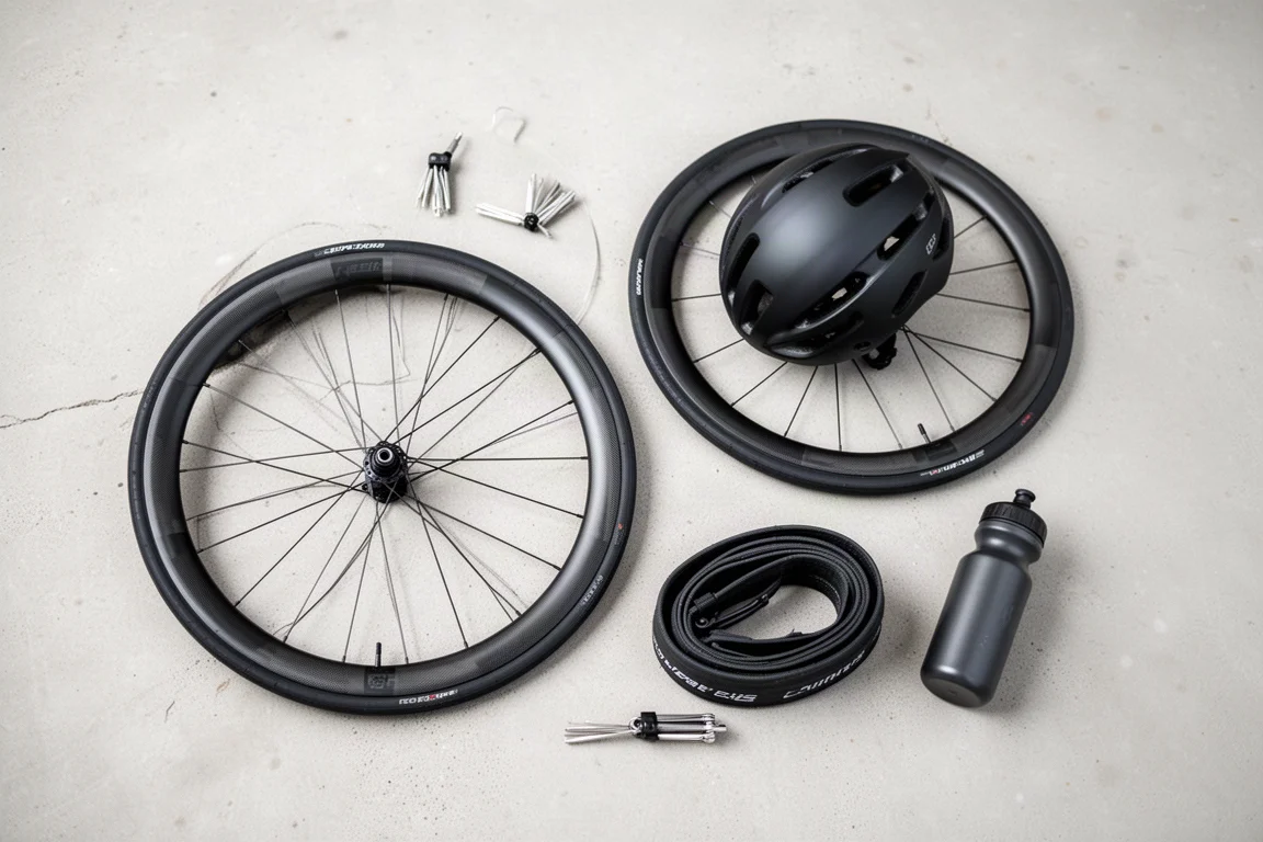 Overhead flat-lay of carbon wheels, helmet and tools on concrete