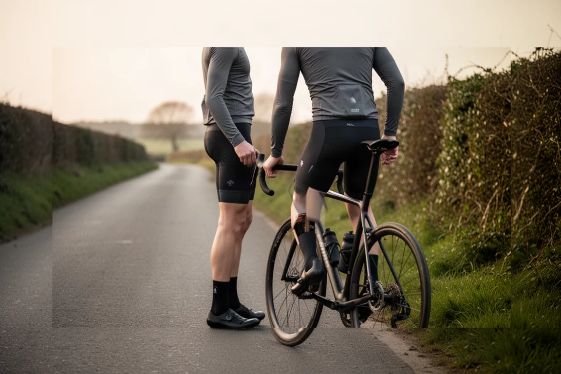 Cyclist standing beside a road bike on a quiet country lane