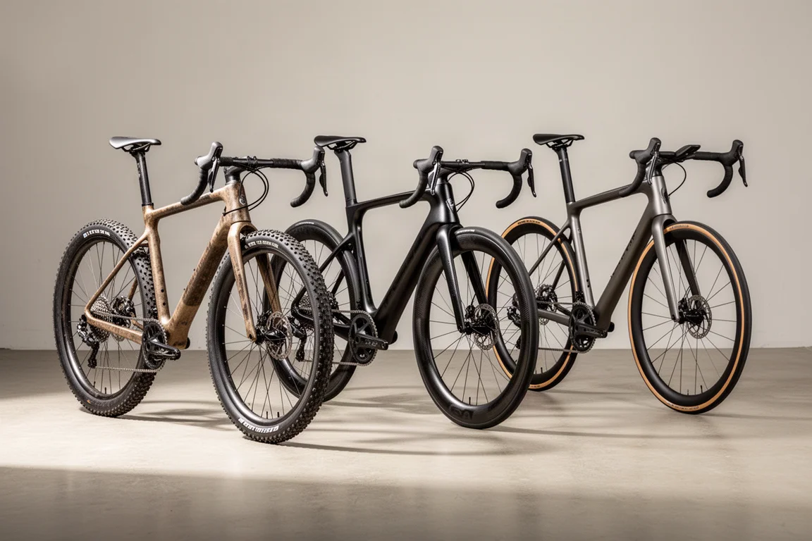 Gravel, aero race and endurance road bikes arranged on a pale concrete studio floor