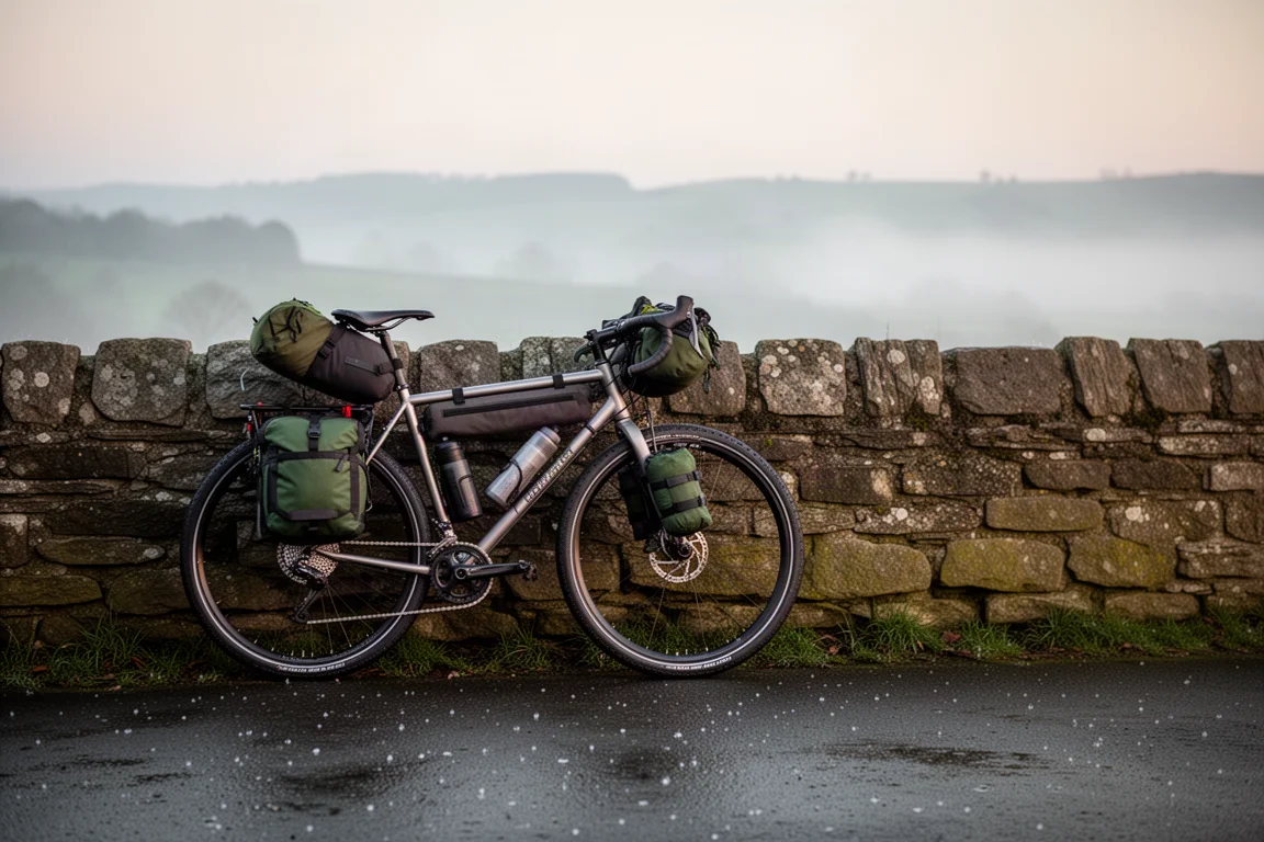 Loaded touring bicycle with small packs leaning against a stone wall at dawn