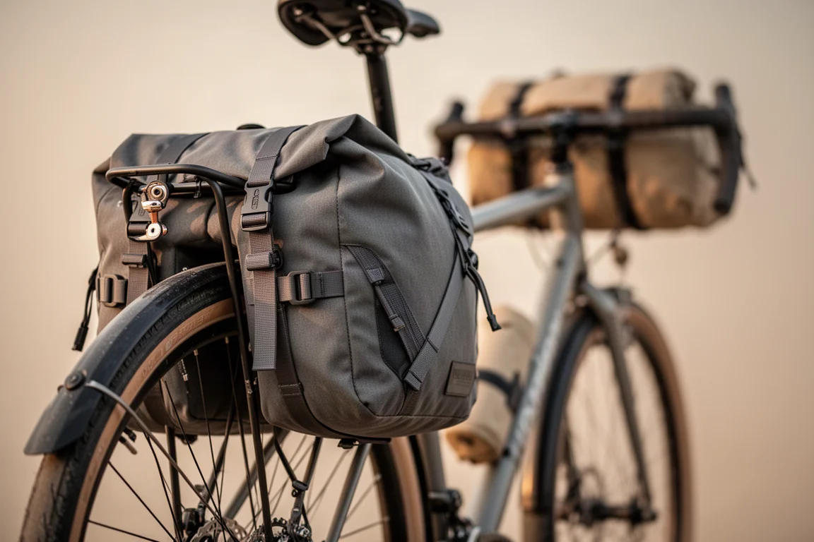 Compact pannier mounted low on the rear rack of a touring bicycle