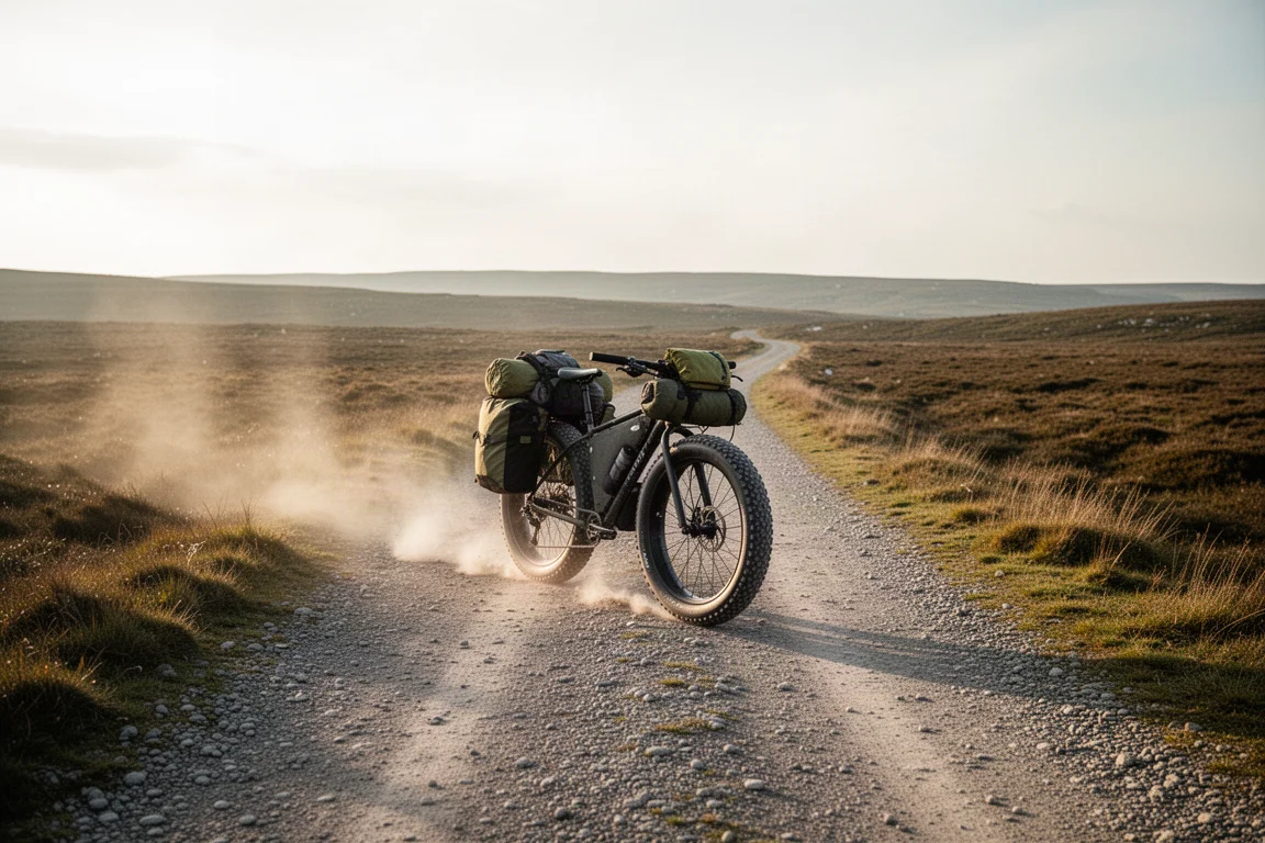 Loaded touring bike with wide tyres rolling along a dusty gravel track