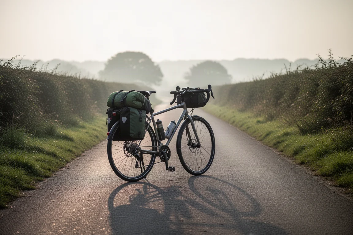 Loaded touring bicycle resting on a quiet country lane at sunrise
