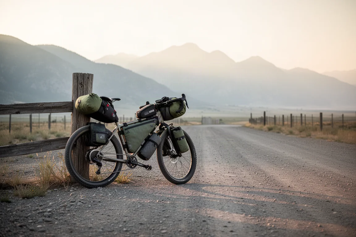 Bicicleta de bikepacking cargada apoyada en un poste de cerca junto a una carretera de grava al amanecer