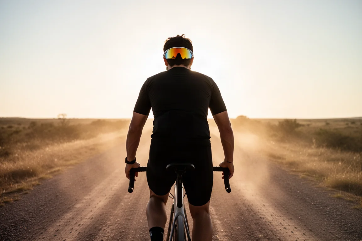 Ciclista pedaleando hacia un sol bajo en una carretera de grava recta