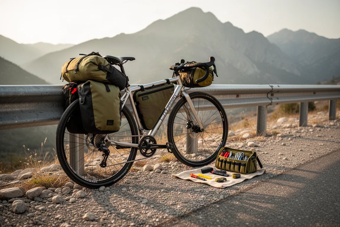Bicicleta de turismo contra un quitamiedos con herramientas de reparación tubeless dispuestas sobre un paño