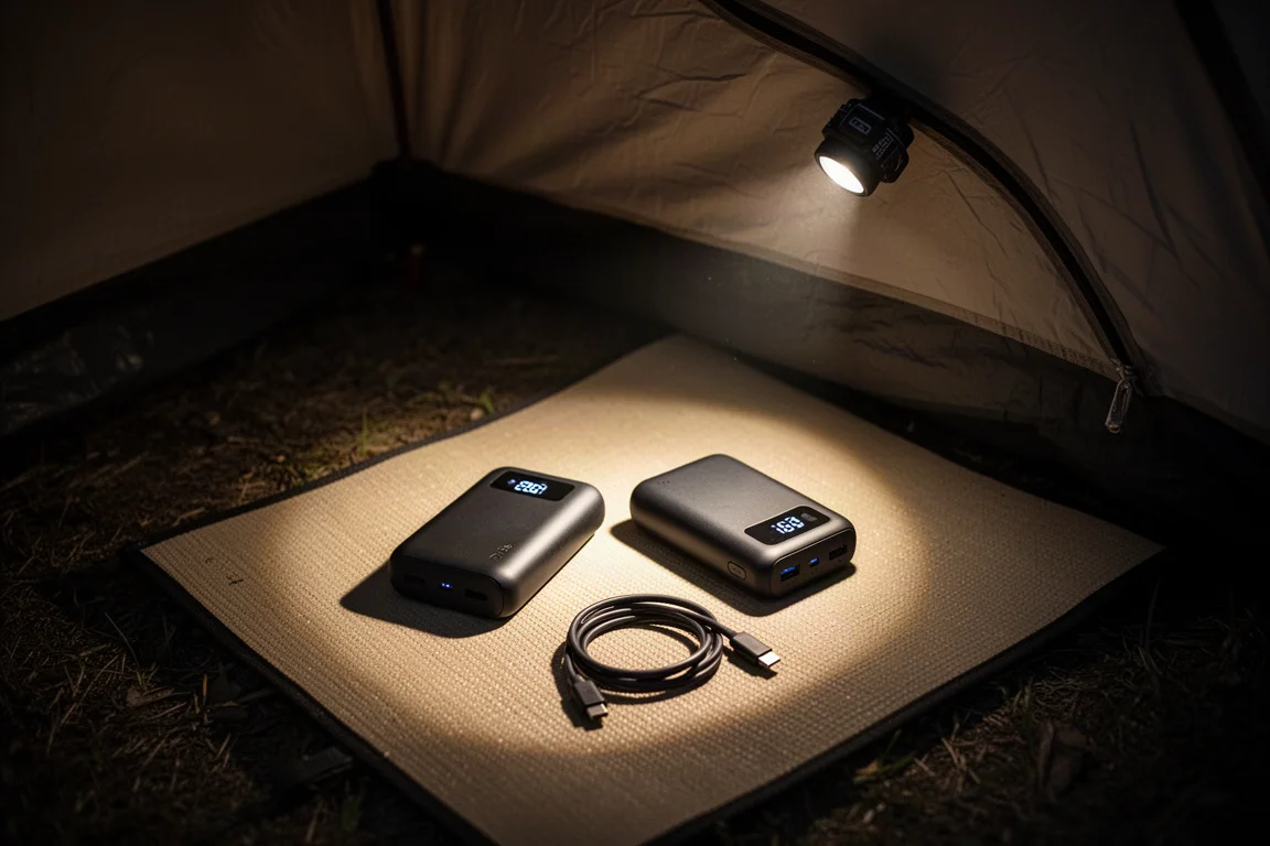 Dos baterías externas y un cable USB-C colocados dentro de una tienda por la noche