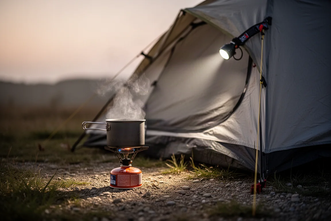 Campingkocher, der bei Dämmerung neben einem leichten Zelt Wasser kocht