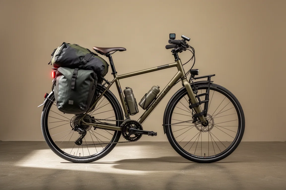 Belaadde stalen toerfiets met fietstassen en vrachtkooien op de vork op een betonnen vloer