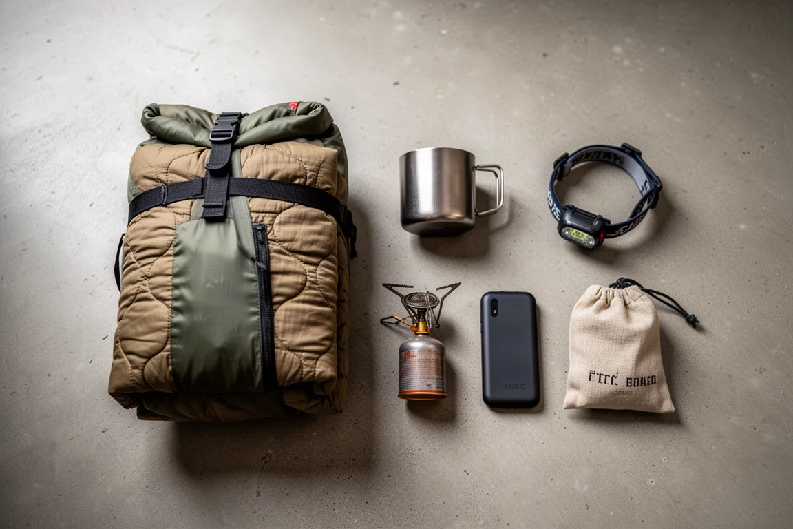 混凝土上自行车露营装备的俯视平铺图