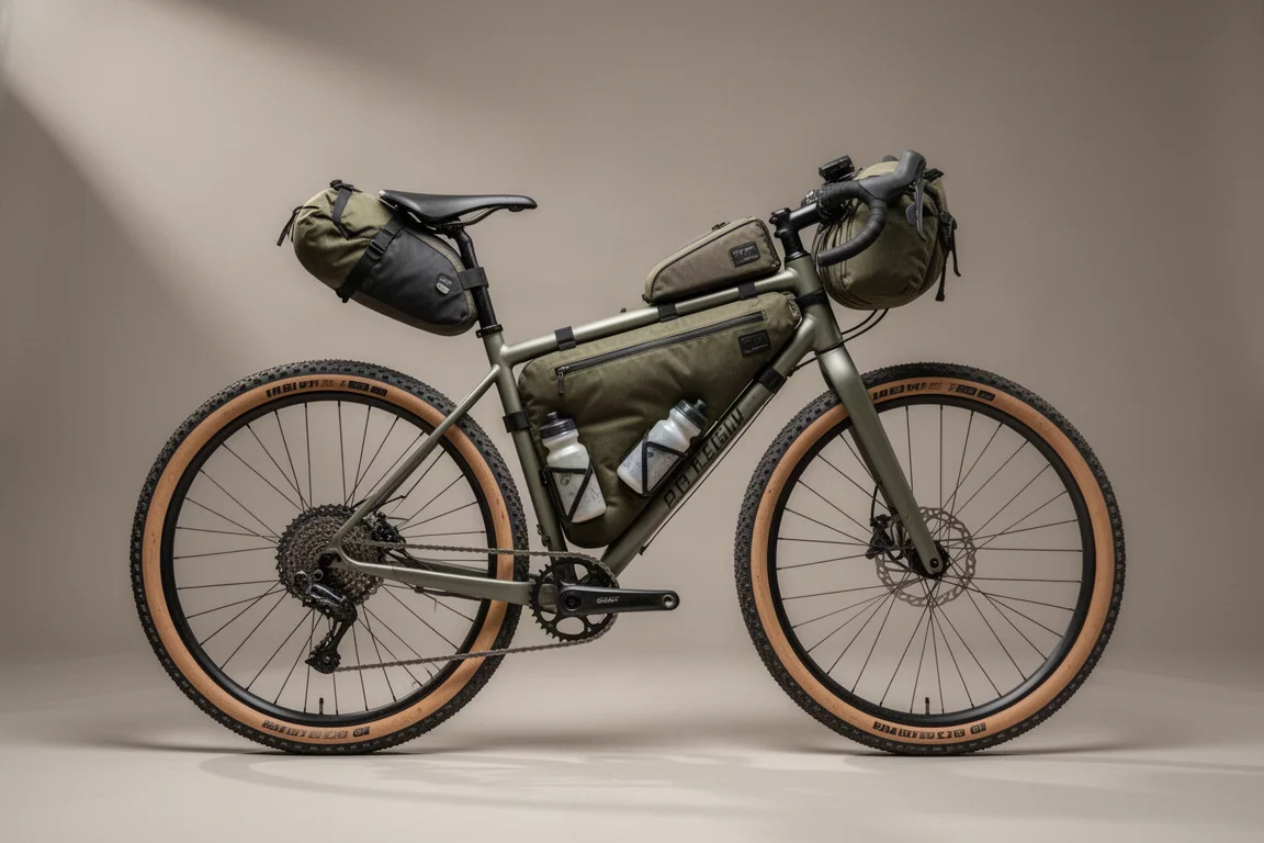Loaded steel gravel bike with frame bag, seat pack and handlebar bag on a grey backdrop