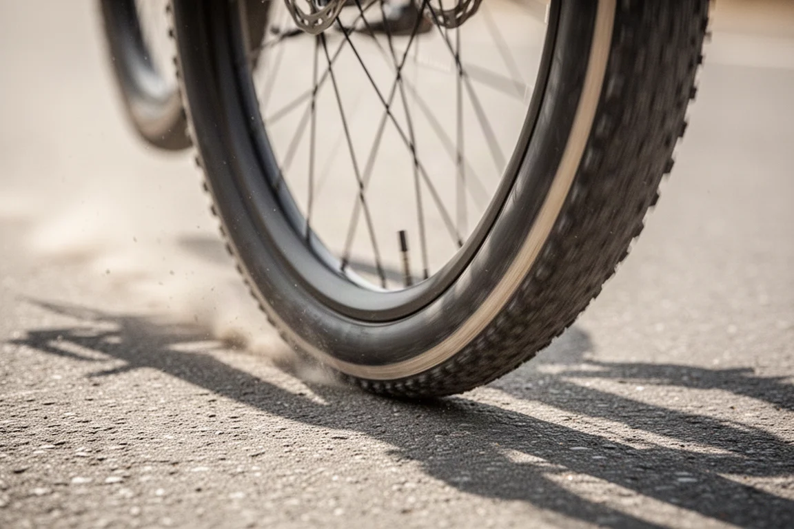 Detailaufnahme aus niedriger Perspektive von einem Semi-Slick-Gravelreifen auf sonnenbeschienenem Asphalt