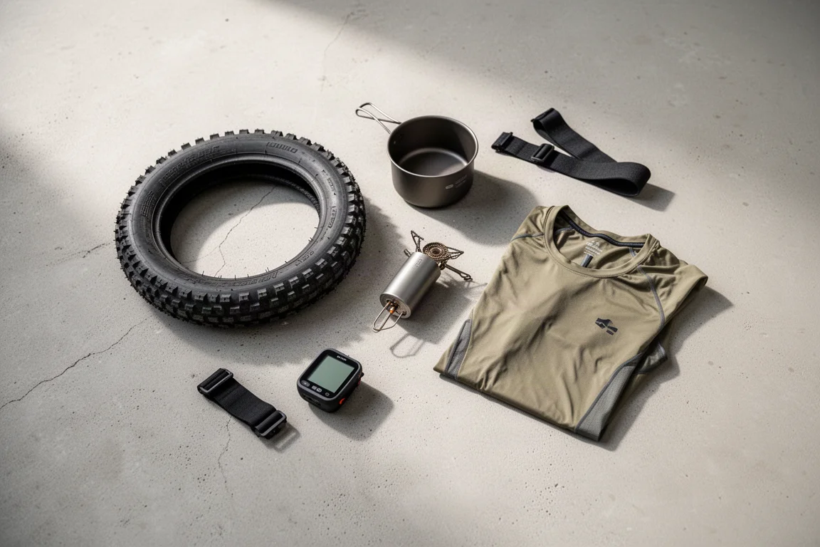 Flach gelegte Bikepacking-Grundausstattung auf hellem Betonboden