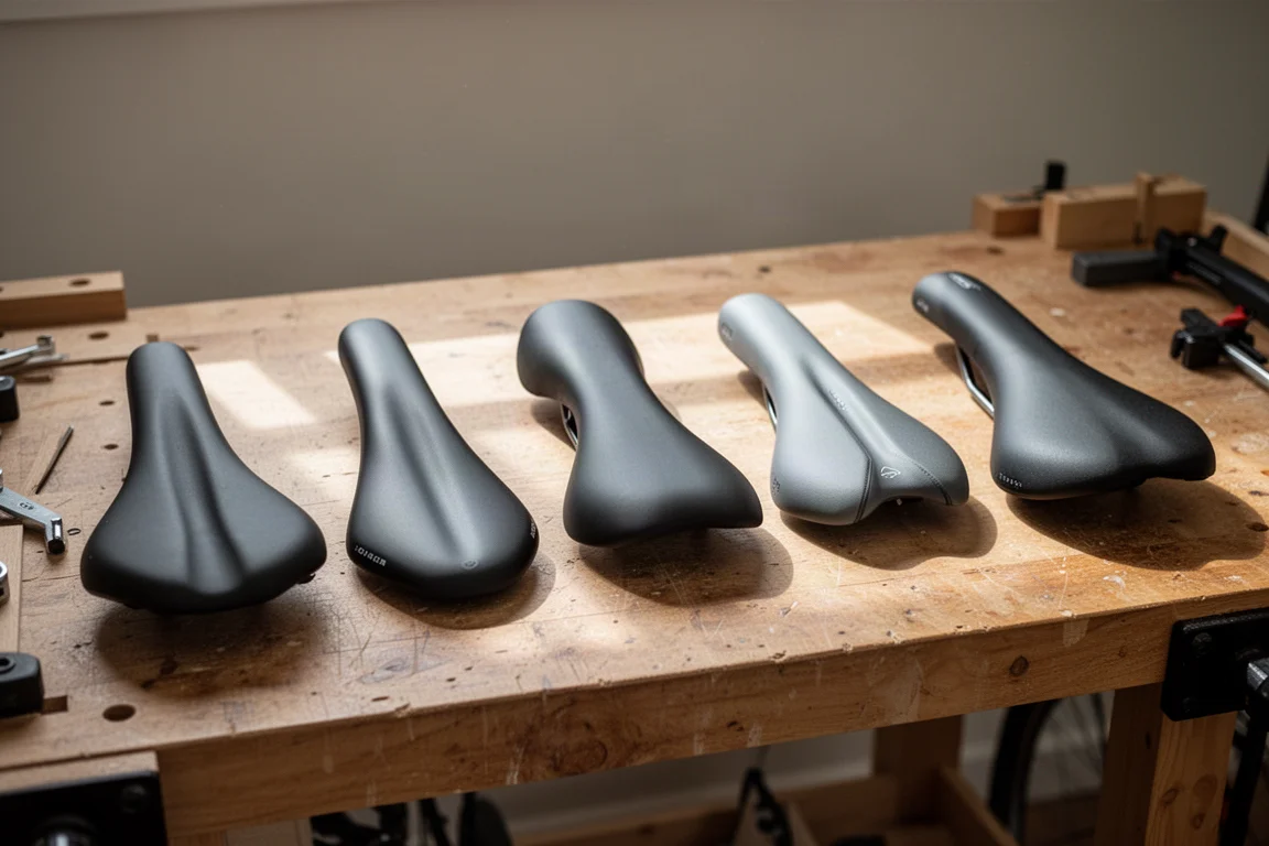 Five bicycle saddles of different shapes laid out on a wooden workbench