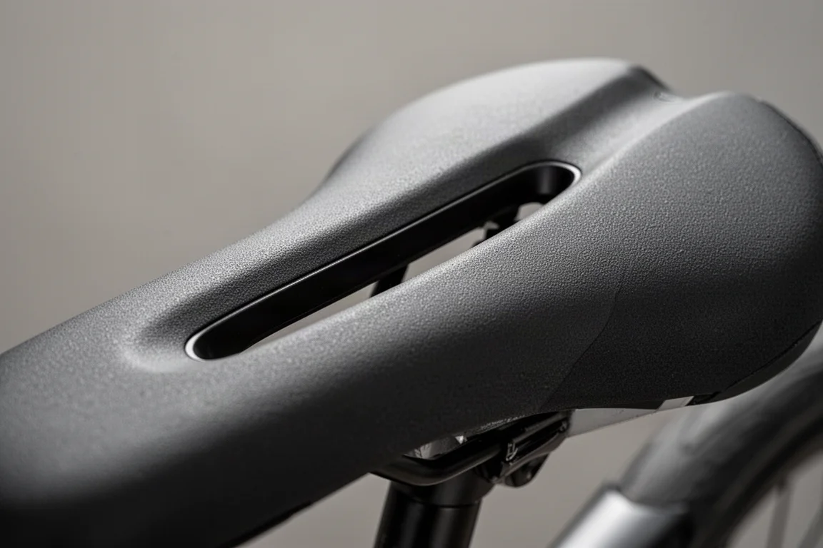 Close-up of a bicycle saddle showing a recessed central pressure relief channel