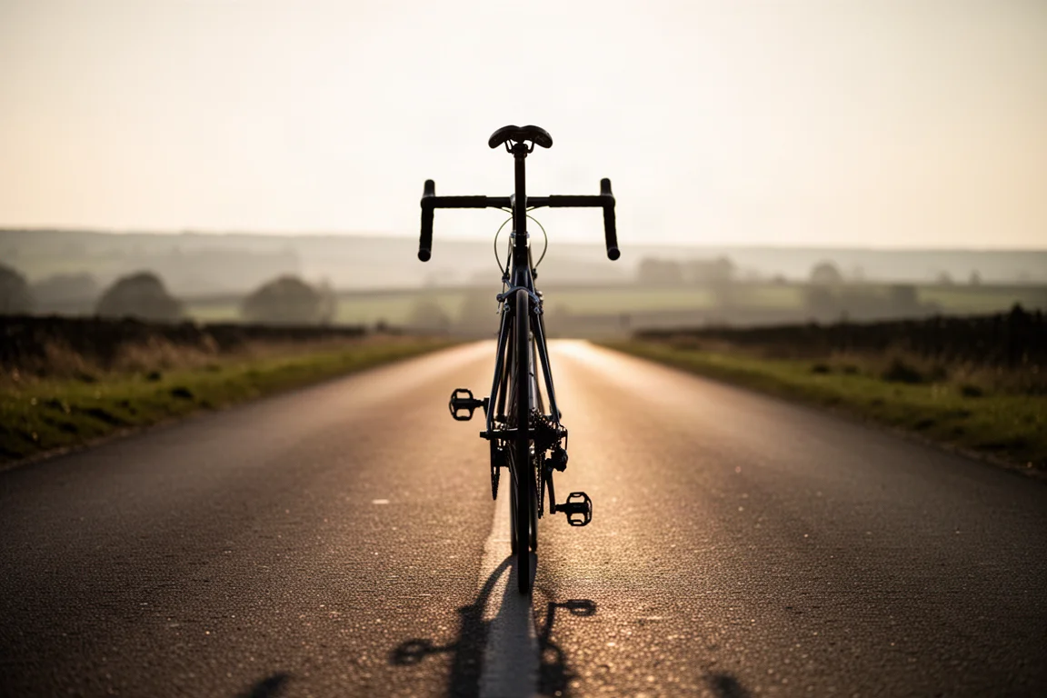Road bicycle photographed from behind on an empty road at golden hour