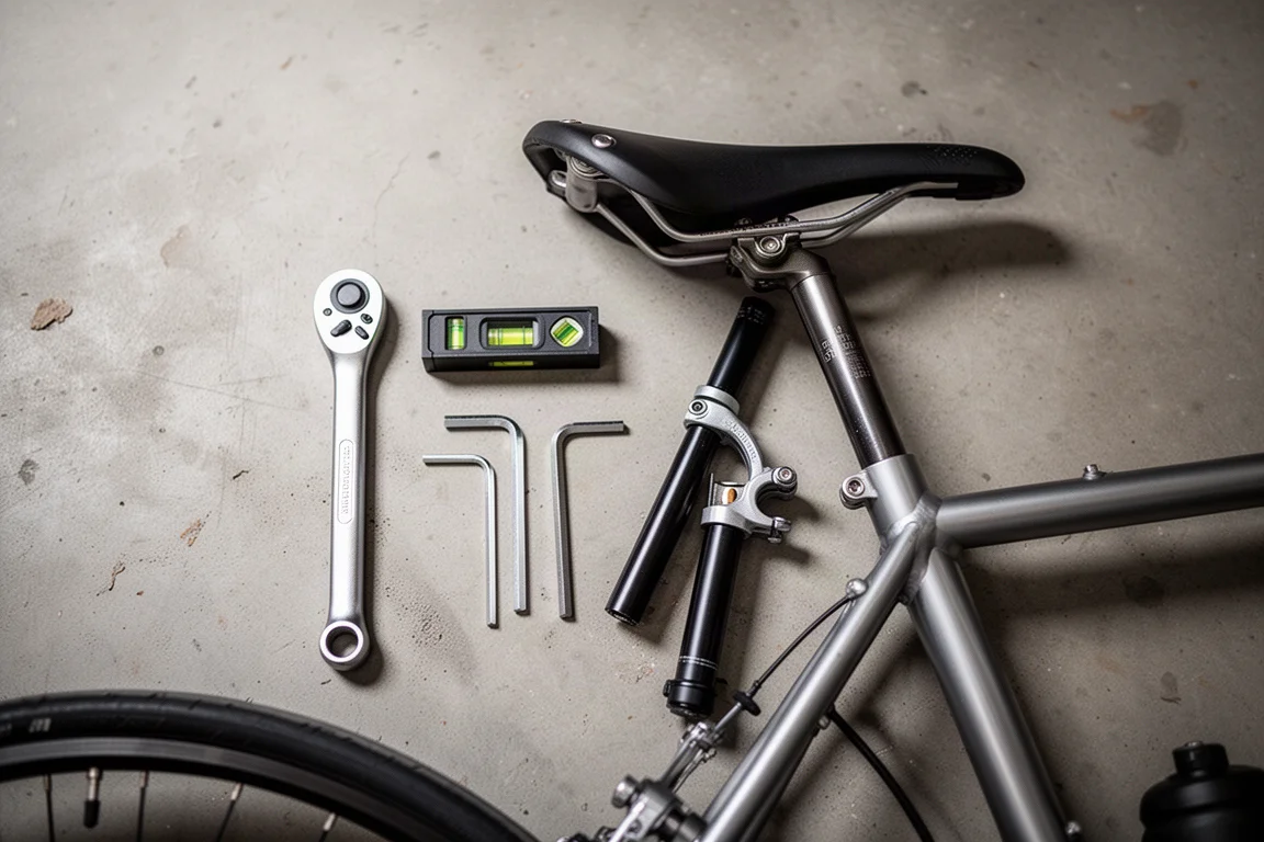 Flat-lay of a torque wrench, spirit level and hex keys beside a bicycle seatpost