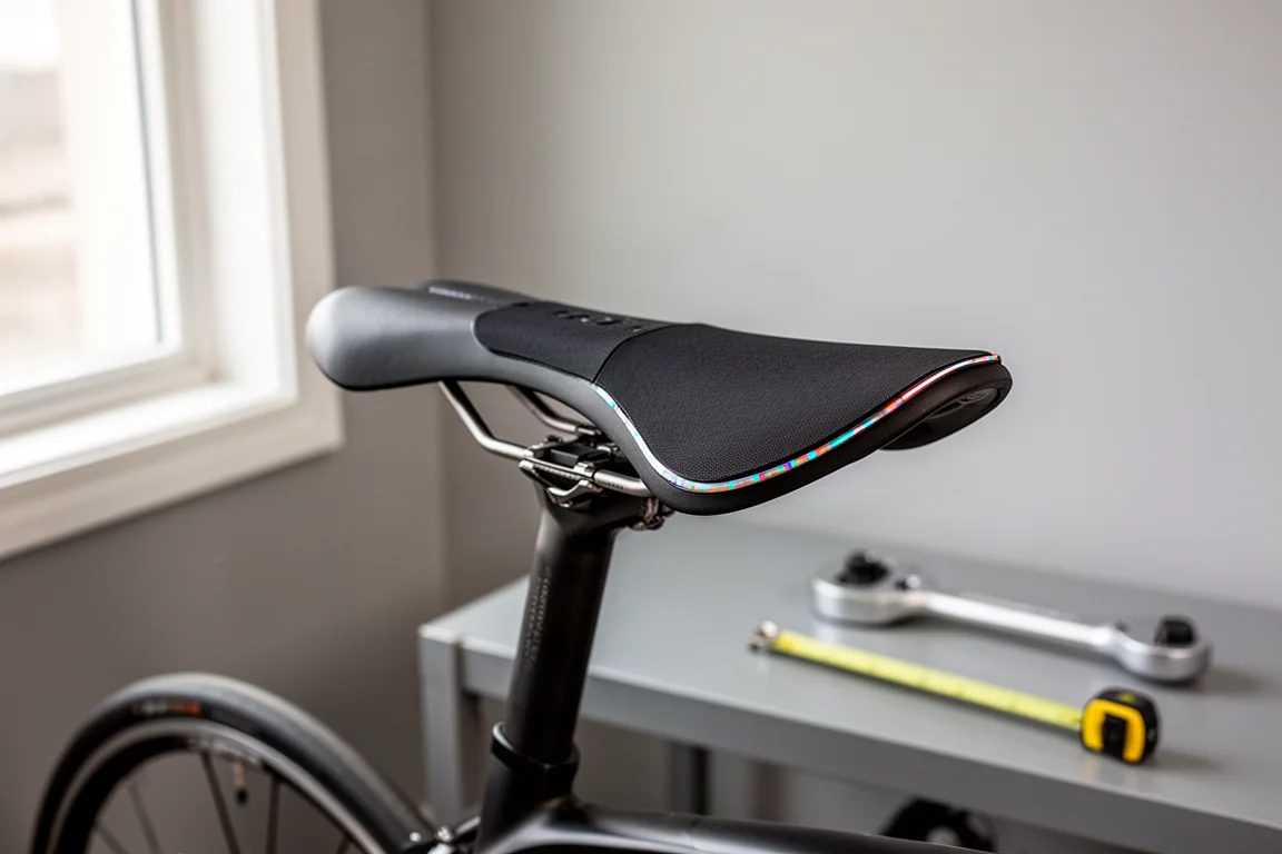 Sillín de bicicleta equipado con una manta de sensor de presión en un estudio de bike fitting luminoso
