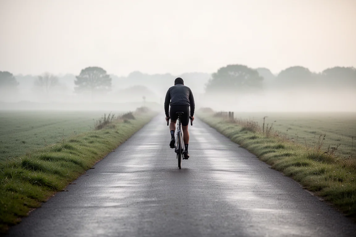 Ciclista rodando en una bicicleta de carretera por un camino rural vacío con luz de mañana