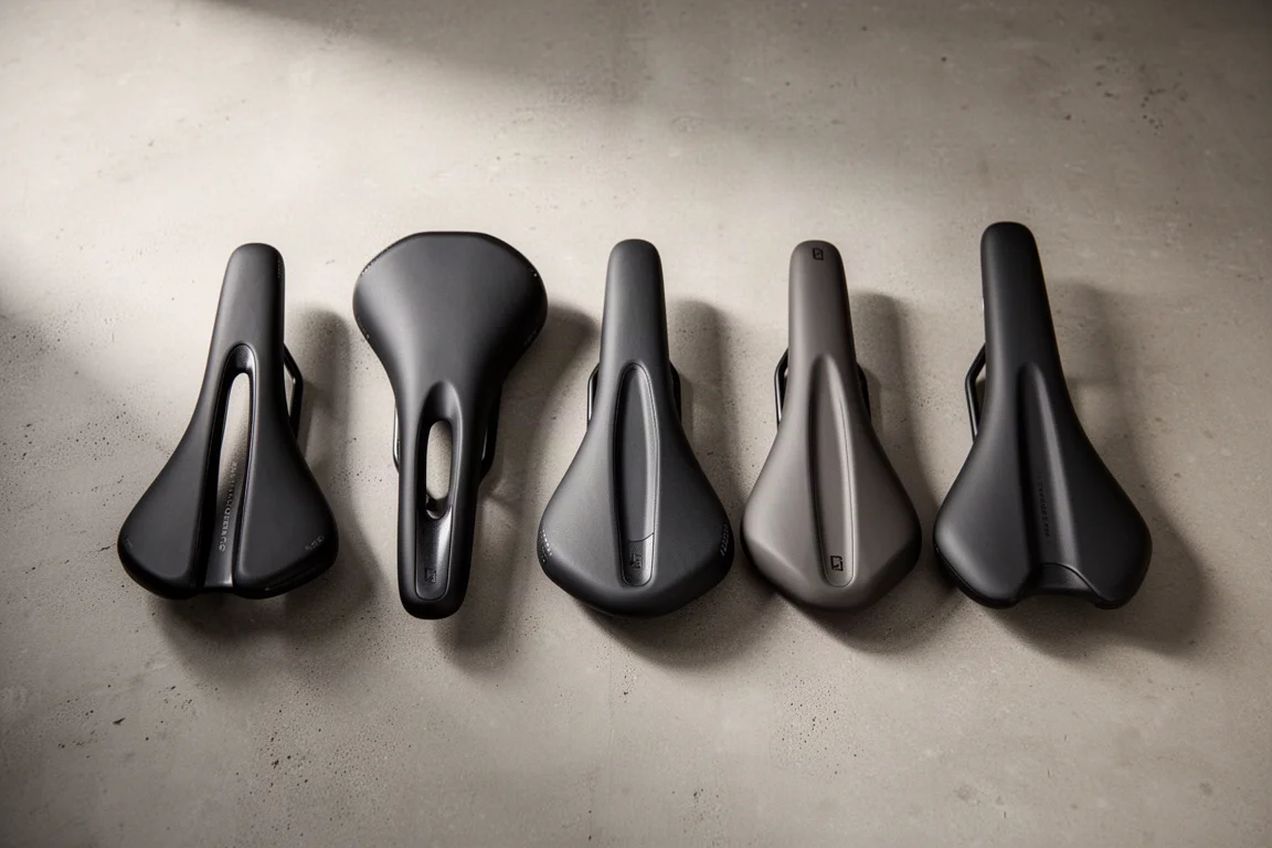 Five bicycle saddles of different widths arranged in a row on a concrete surface