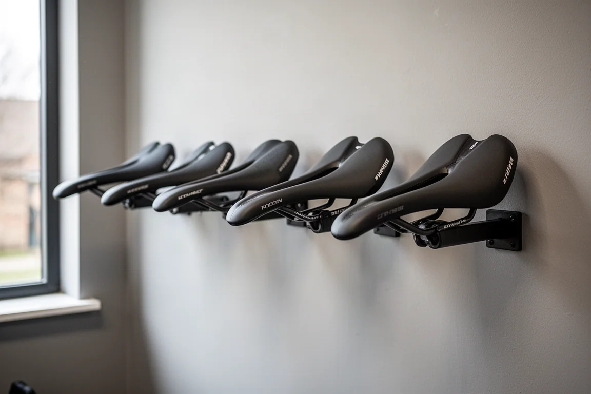 Fila di selle da bici da corsa appese a supporti espositivi in uno studio di bike fitting