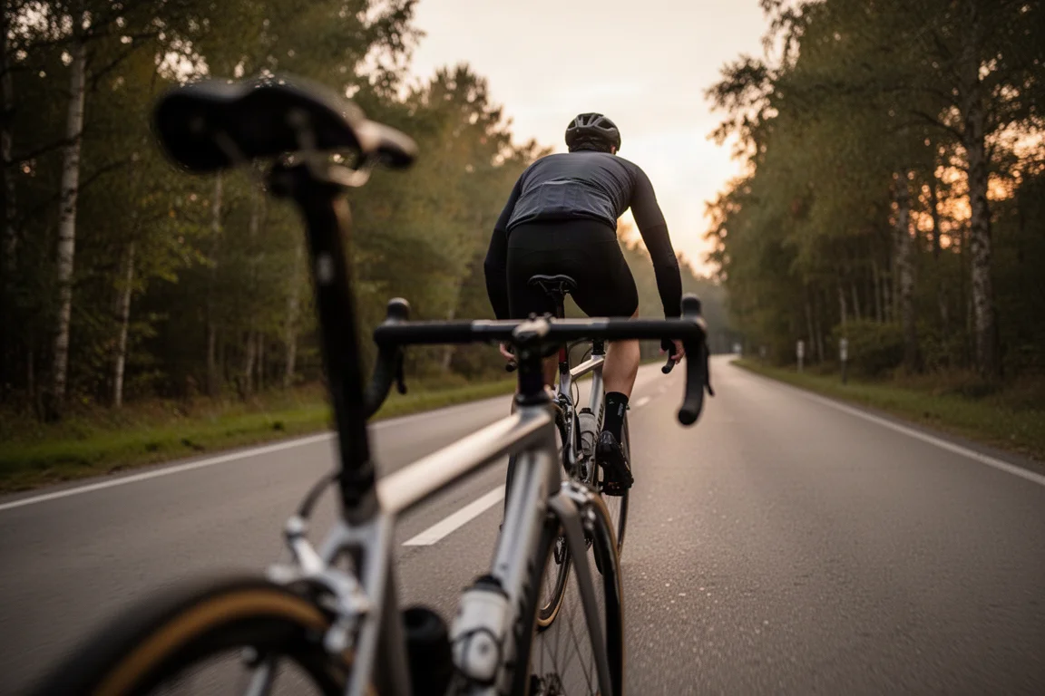 Ciclista ripreso di spalle mentre pedala su una strada alberata al crepuscolo
