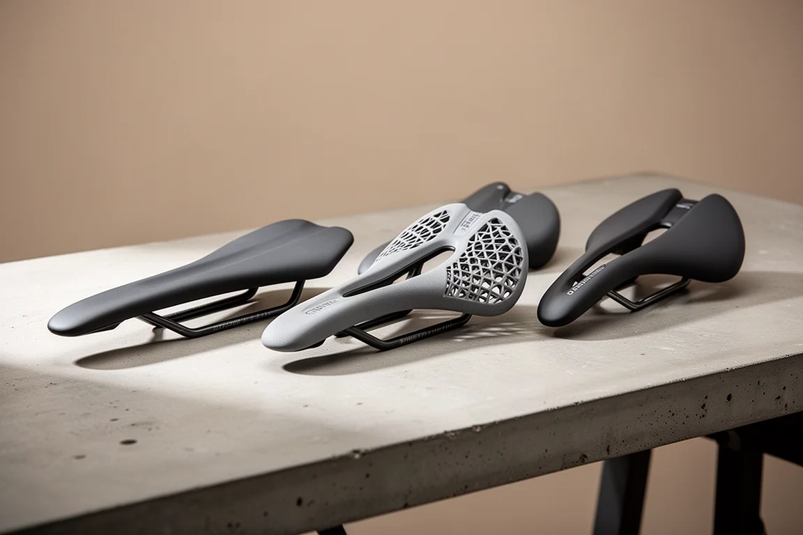Row of road bike saddles with different profiles on a concrete workbench