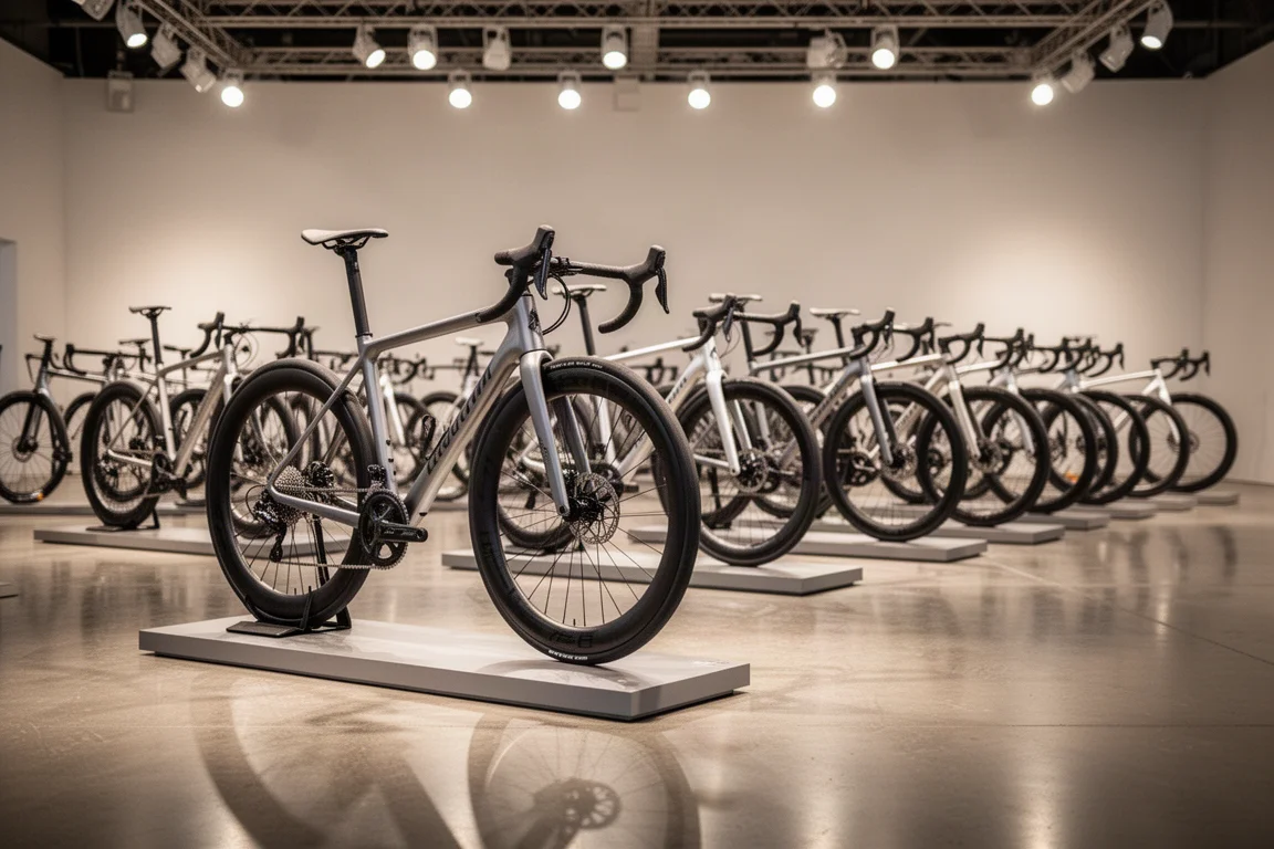 Speed bikes de performance em suportes de exposição em um pavilhão claro