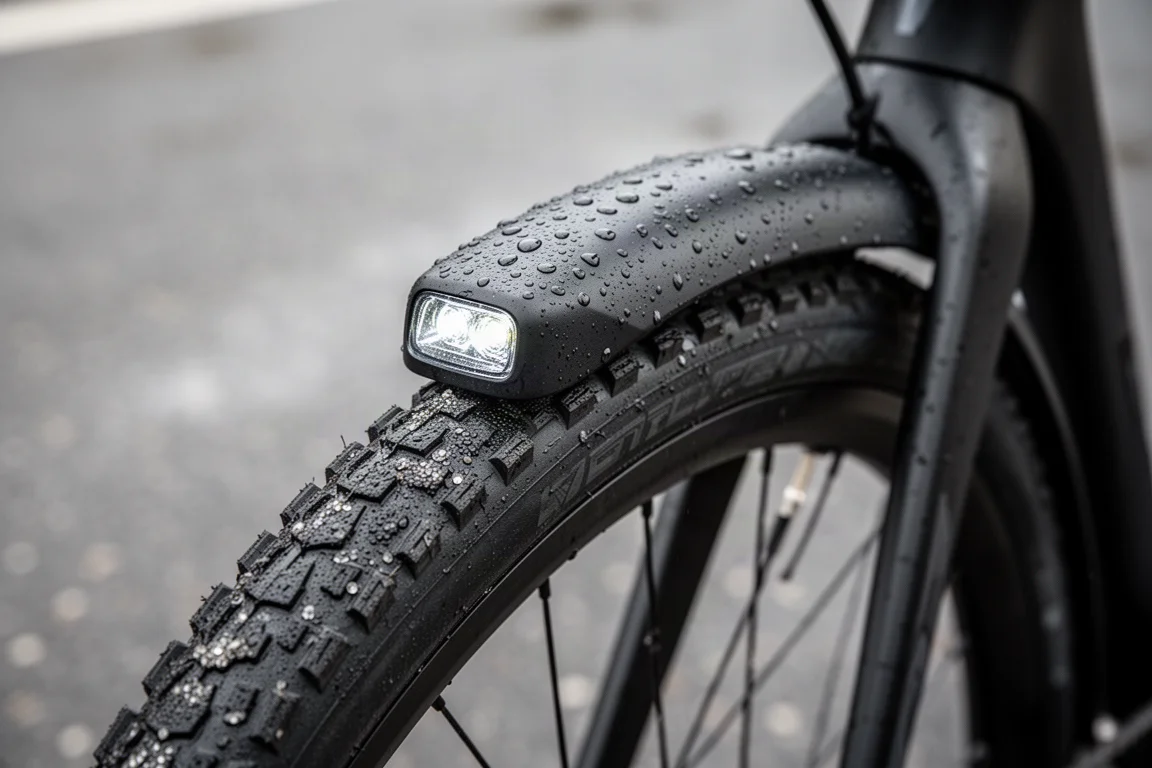 Close de um para-lama traseiro com luz integrada em uma speed bike molhada