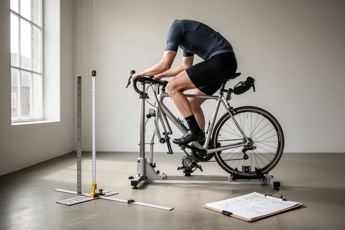 Cyclist positioned on a fitting jig in a bright studio while being measured