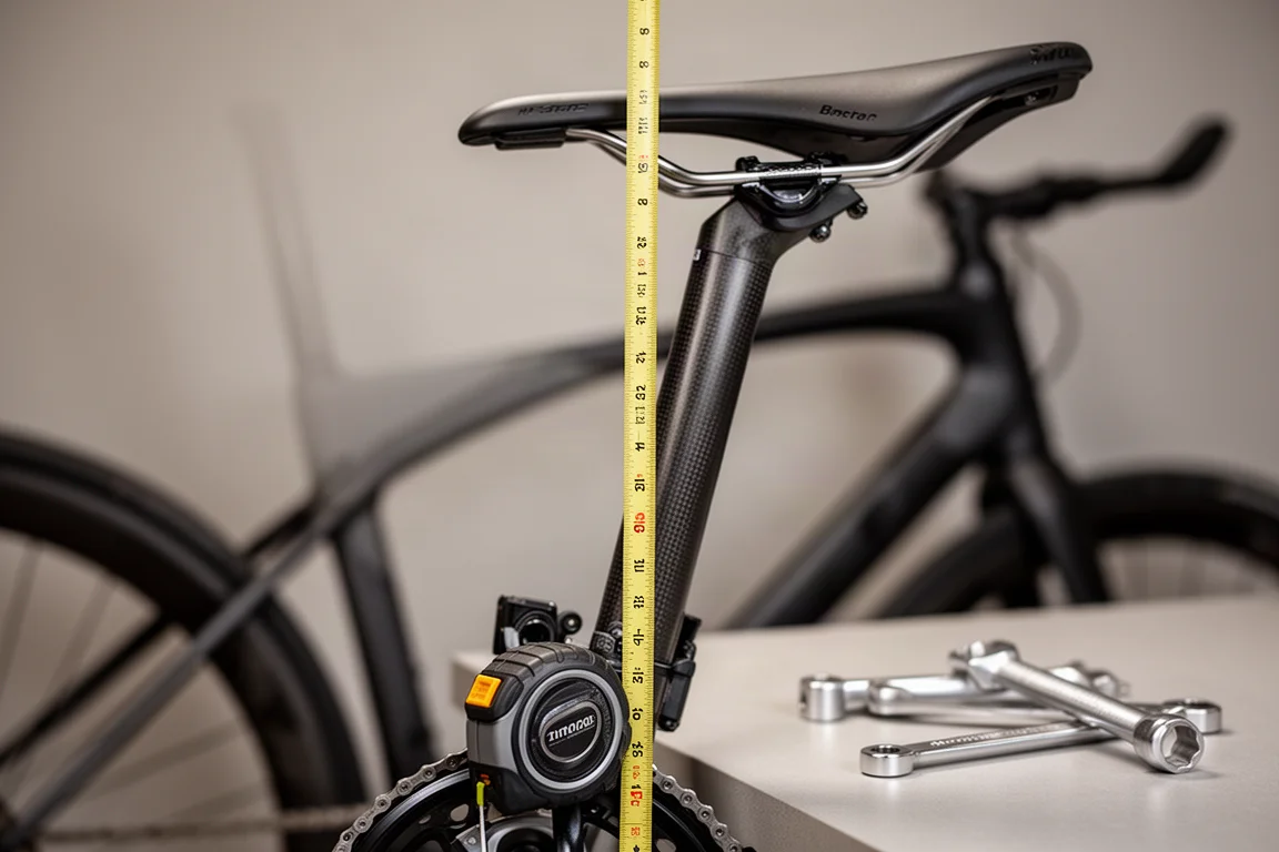 Close-up of a saddle height measurement on a road bike seat post