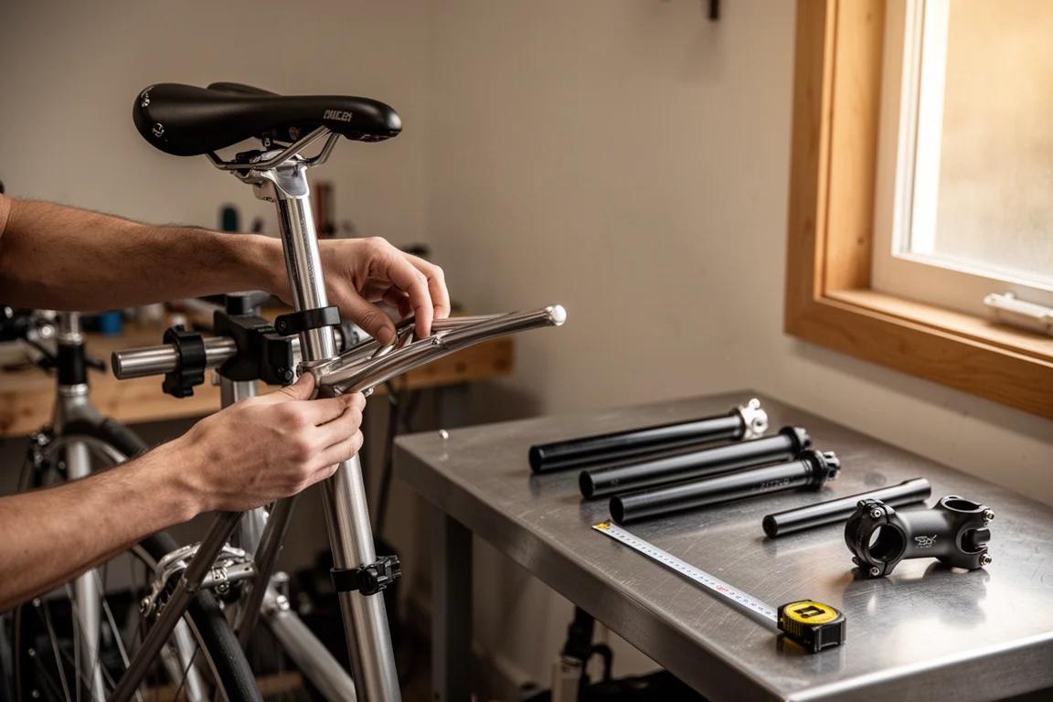 Hands adjusting a bike saddle position with a measuring tape on a workshop bench