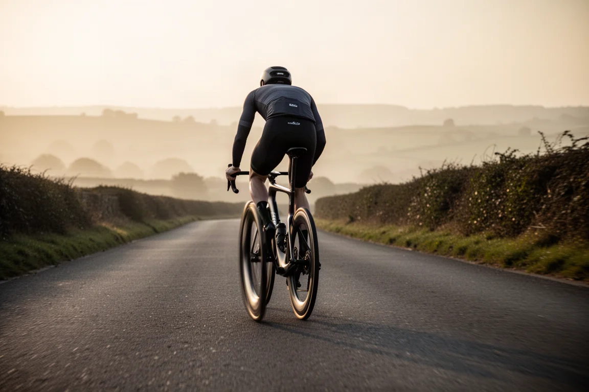 Road cyclist riding a modern aero road bike on an open tarmac road