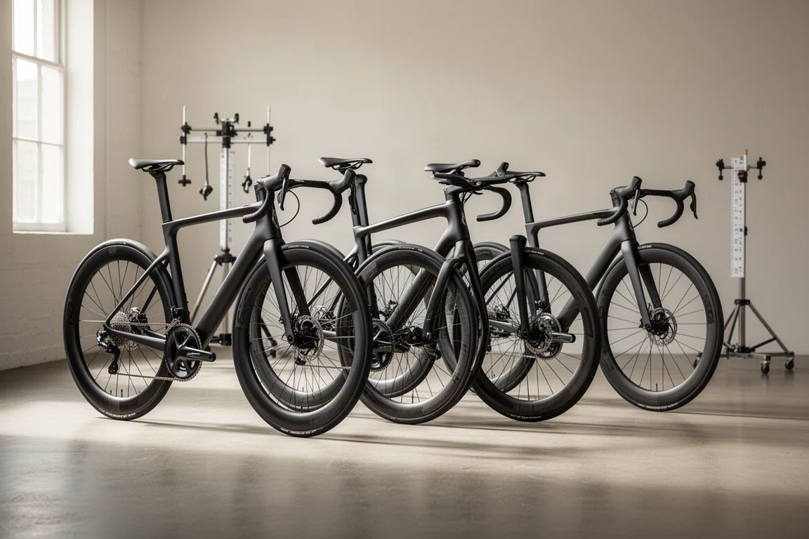Vier aero racefietsen op een rij op een betonnen vloer in een lichte fittingstudio
