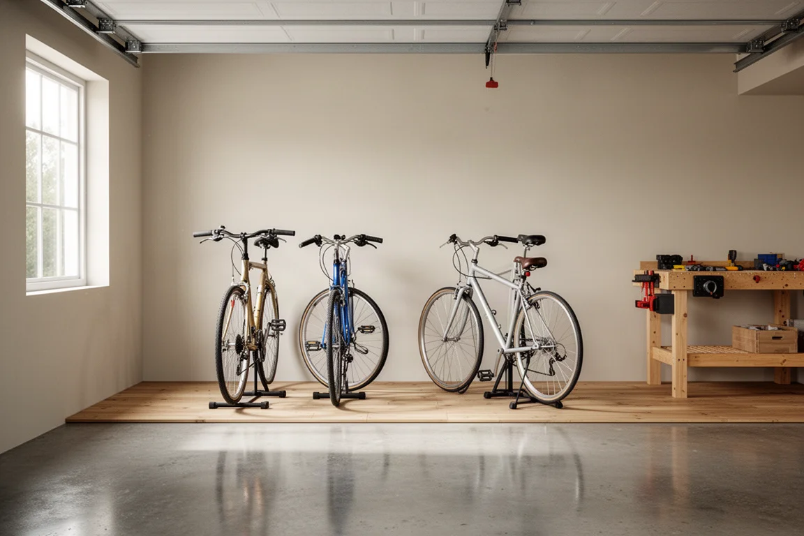 Bicicletas em pé sobre suportes de madeira dentro de uma garagem residencial organizada