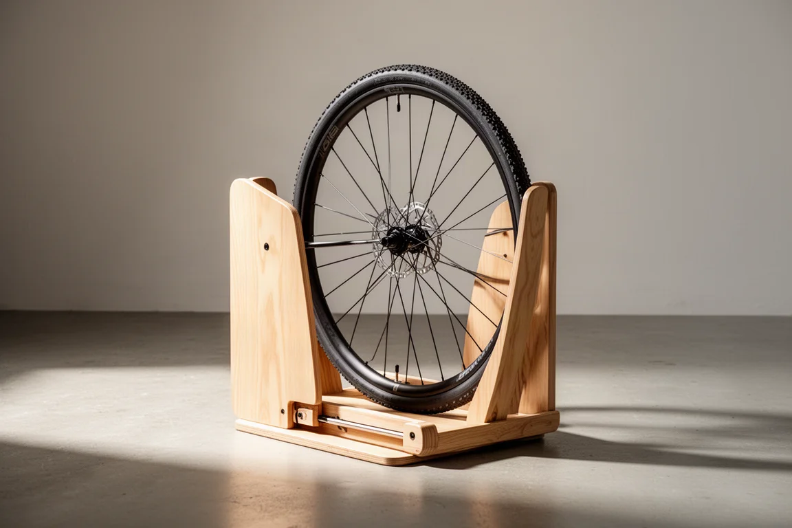 Houten opvouwbare fietsstandaard houdt een racefietswiel rechtop op een betonnen vloer