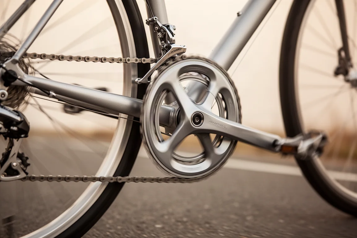 Zbliżenie łańcucha rowerowego biegnącego po owalnej koronce ze stopu