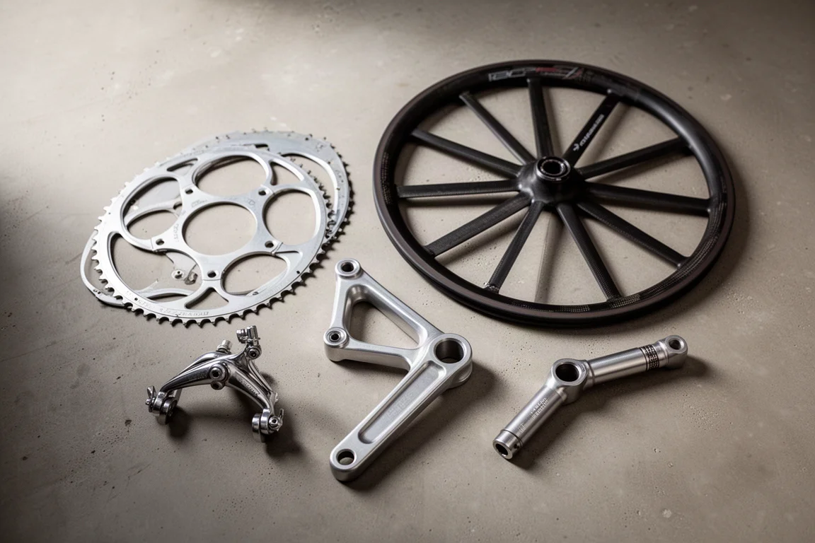 Flat-lay of vintage bicycle components including an oval chainring and bladed wheel on concrete