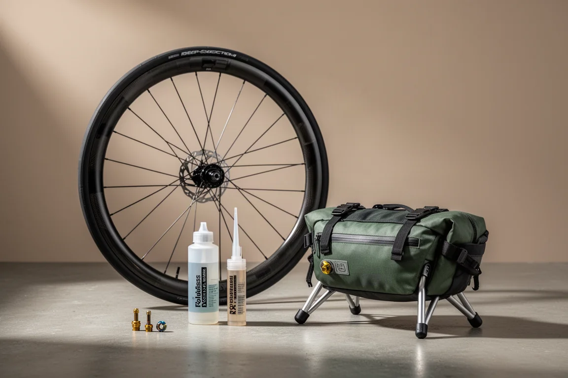 Carbon racefietswielset, tubeless ventielen, sealantfles en bikepackingtas gerangschikt op beton