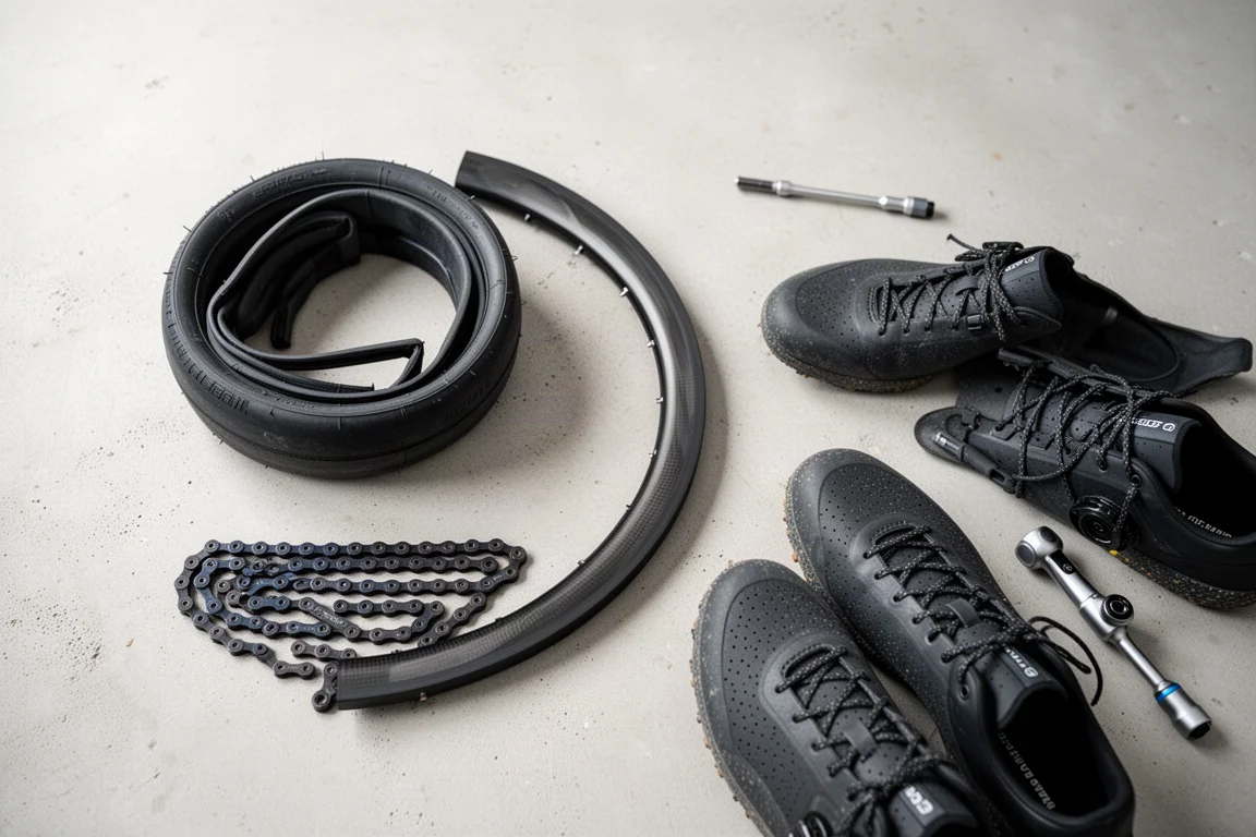 Vue à plat de composants et d'outils de vélo disposés sur un établi en béton