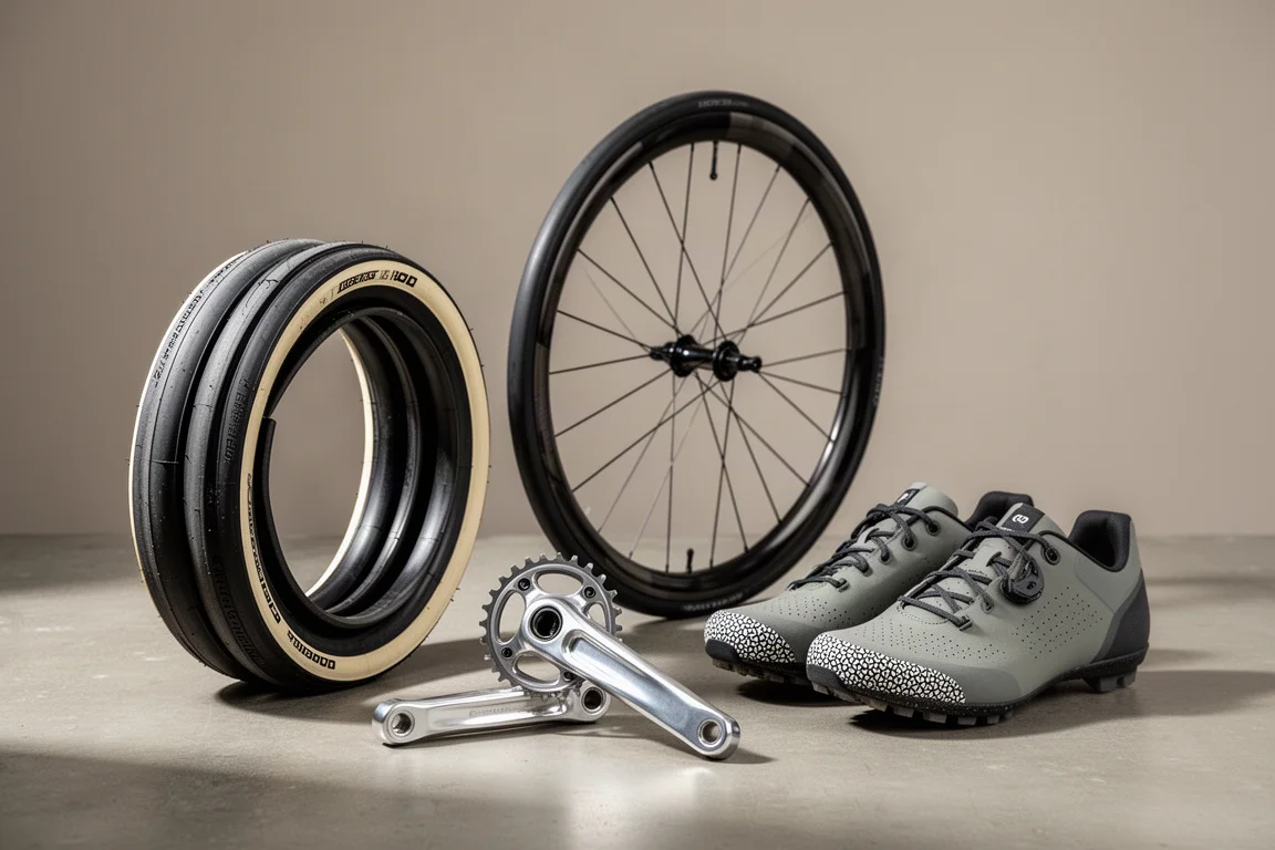 Pneumatico stradale tubeless, ruota in carbonio, guarnitura in alluminio e scarpe da gravel con lacci su cemento
