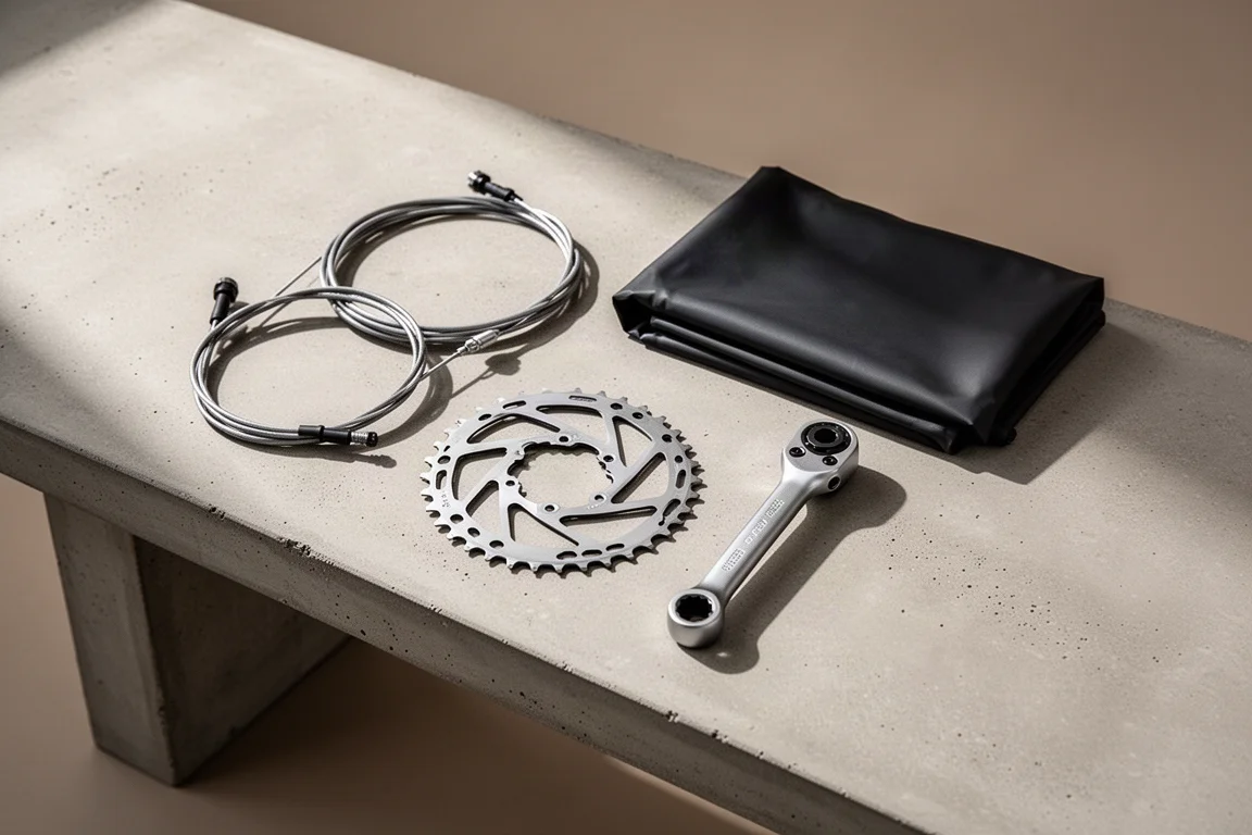 Flatlay von Fahrradkomponenten und Werkzeugen, arrangiert auf einer Betonwerkbank