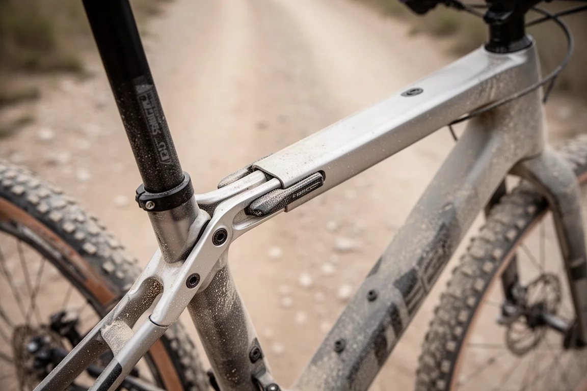 Nahaufnahme eines Oberrohr-Gestänges eines Gravel-Bikes auf staubigem Trail